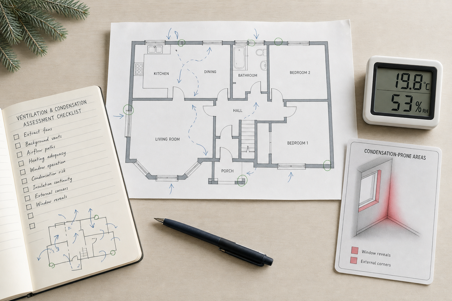 House floor plan with ventilation checklist, humidity and temperature gauge, and a card highlighting condensation-prone areas.