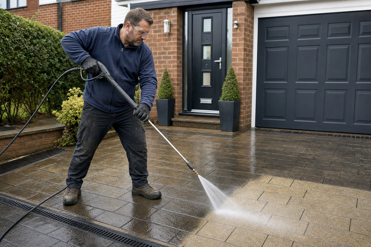 Man pressure washing a paved driveway in front of a modern house.