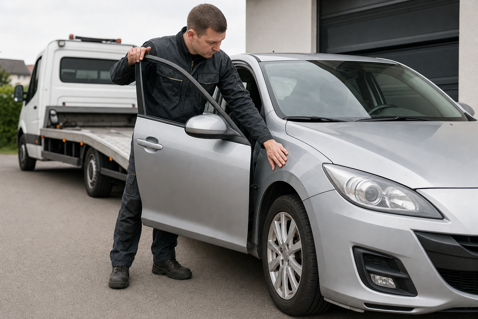 Man in workwear inspecting a silver car beside a tow truck on a paved area.