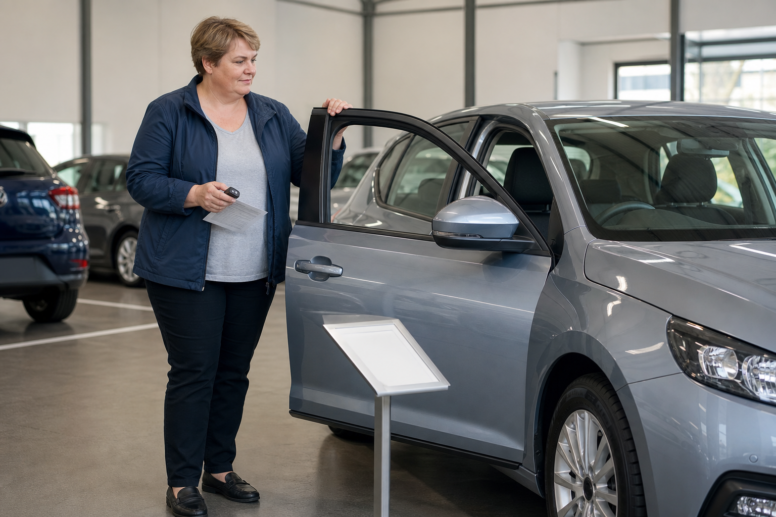 Person inspecting a gray car in a dealership showroom.
