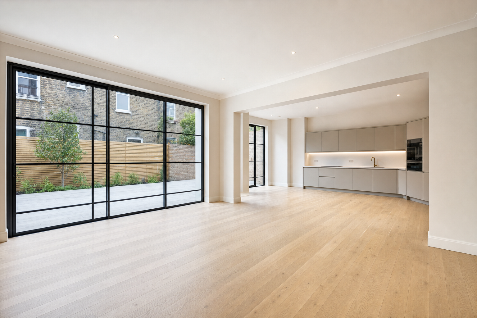Spacious modern kitchen with light wood flooring and large glass doors opening to a patio.