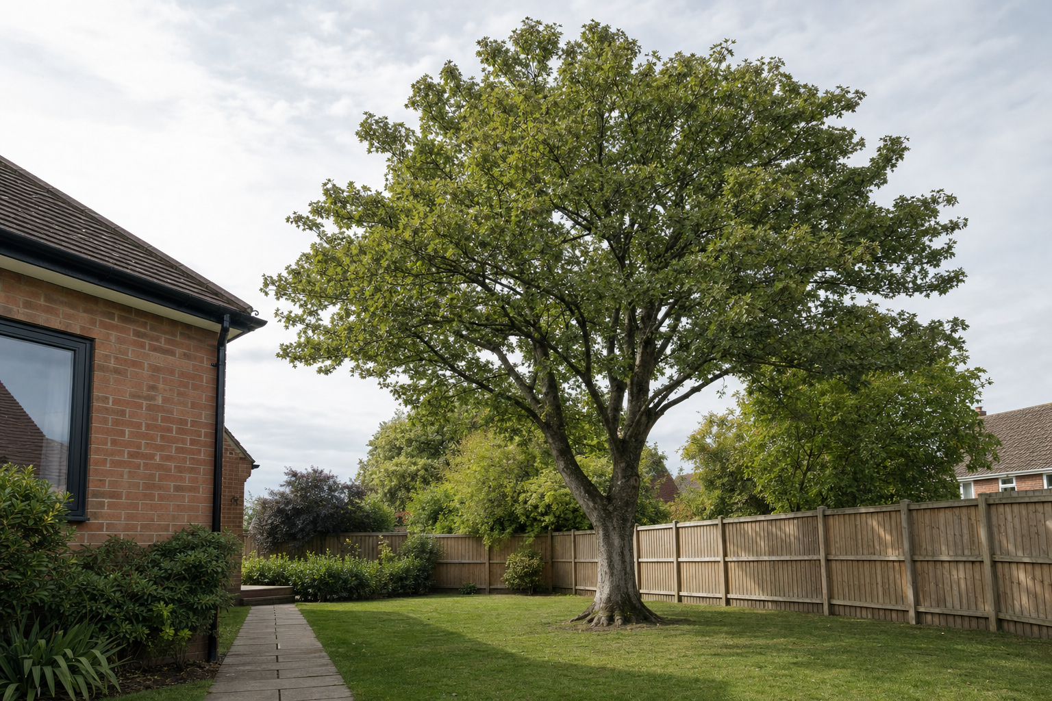 A large tree stands in a neatly maintained garden next to a brick house under a cloudy sky.