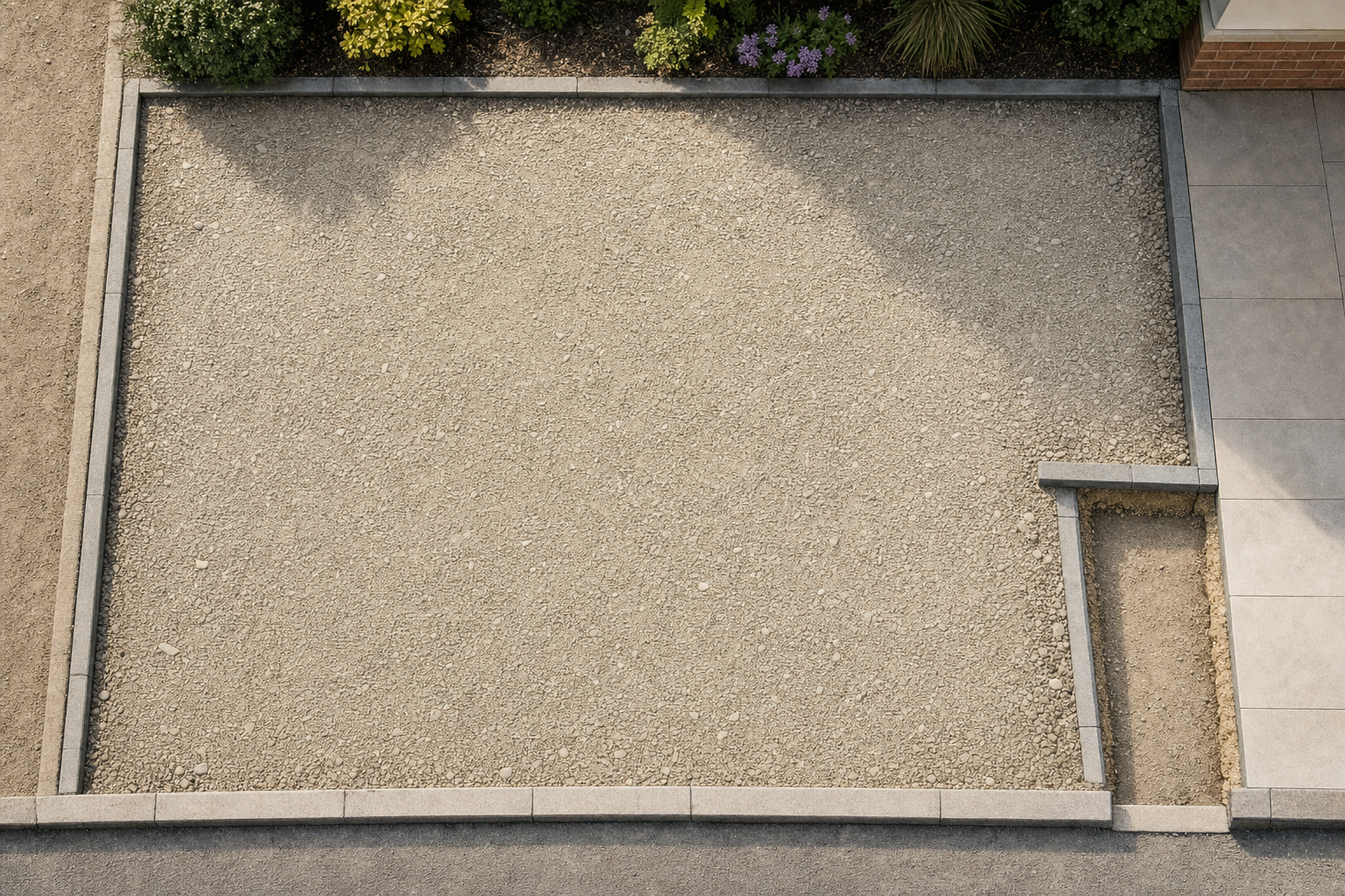 Gravel patches bordered by paving stones and a walkway, with shrubs planted at the top edge.