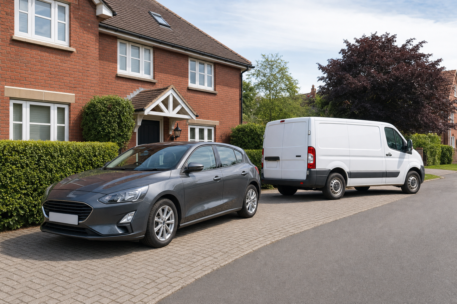 A grey car and a white van parked on a driveway in front of a red-brick house with a tidy hedge and trees.