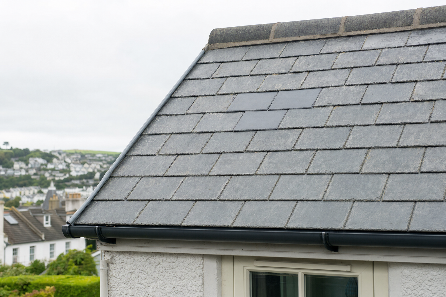A slate tiled roof with a black guttering system, set against a backdrop of a hillside townscape.