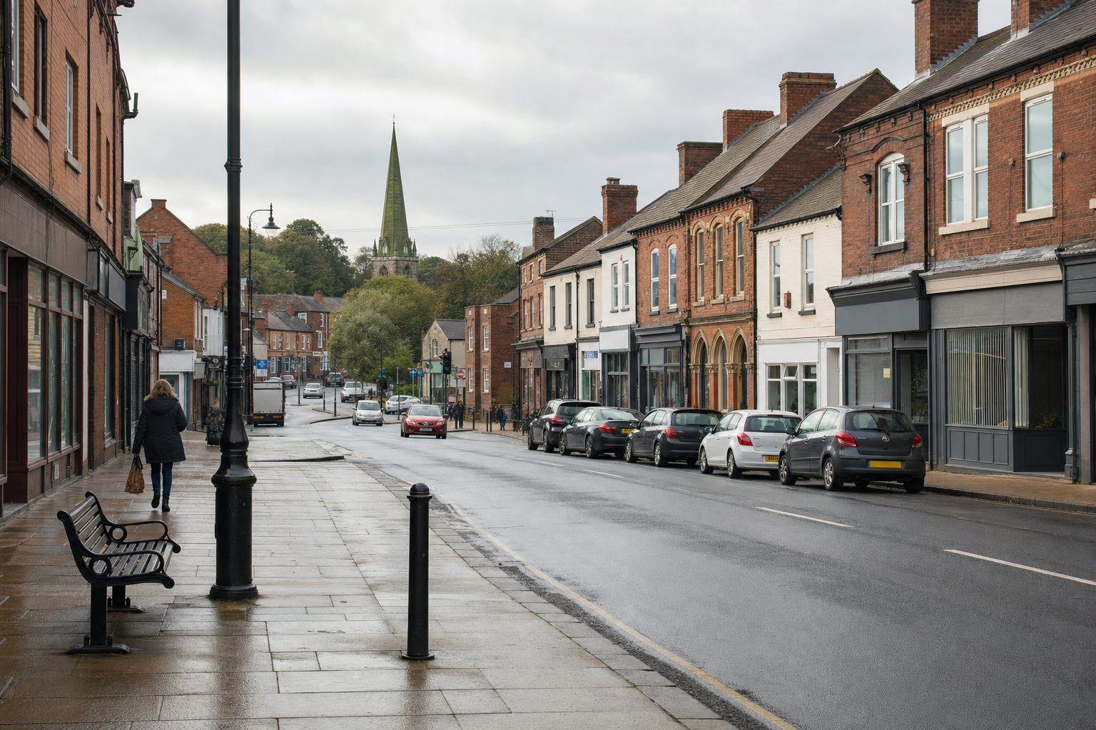A quiet British high street with parked cars, a church spire in the distance, and one person walking on the pavement.