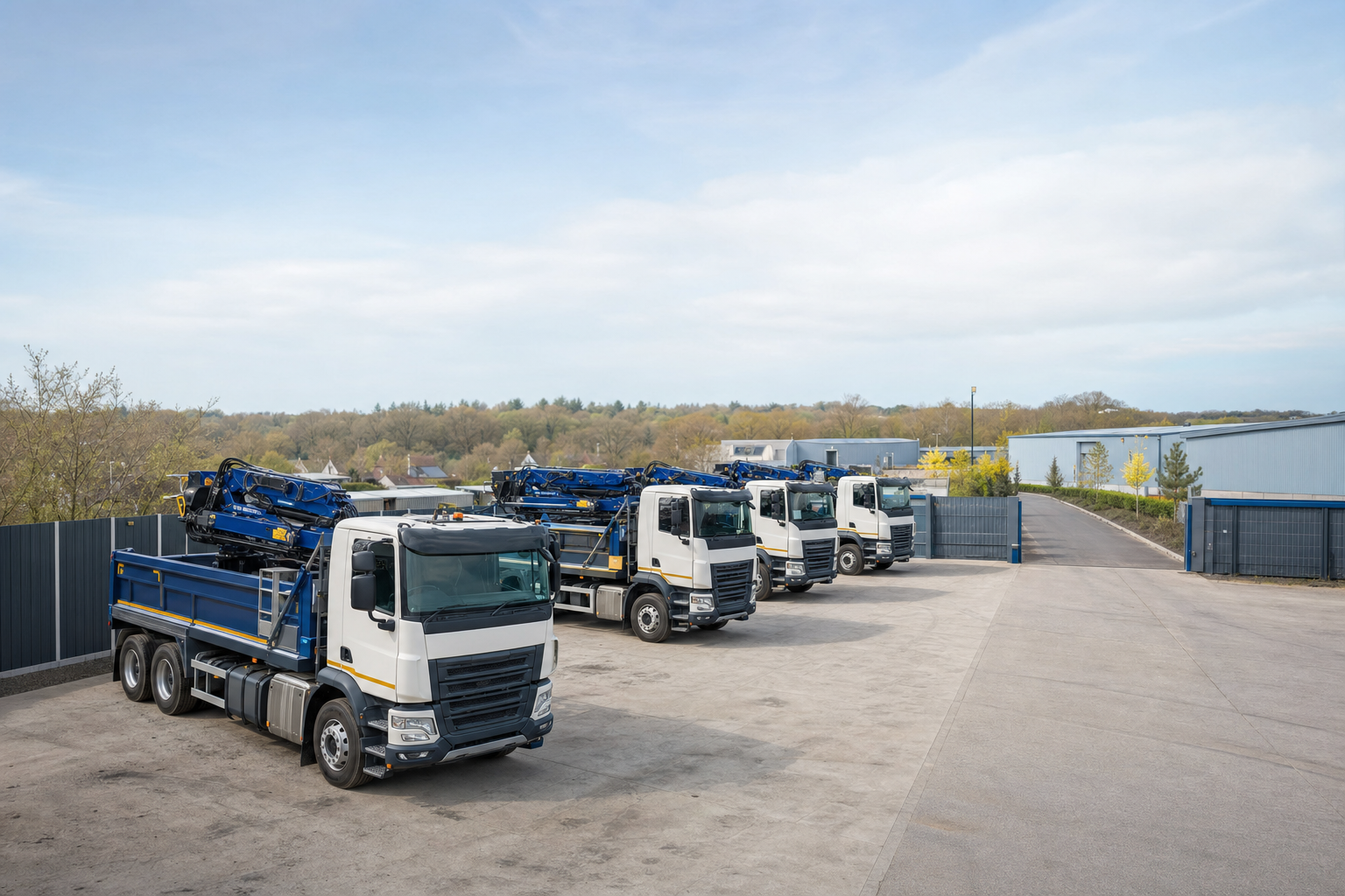 Four white lorries with blue hydraulic cranes parked in a spacious lot with trees and industrial buildings in the background.