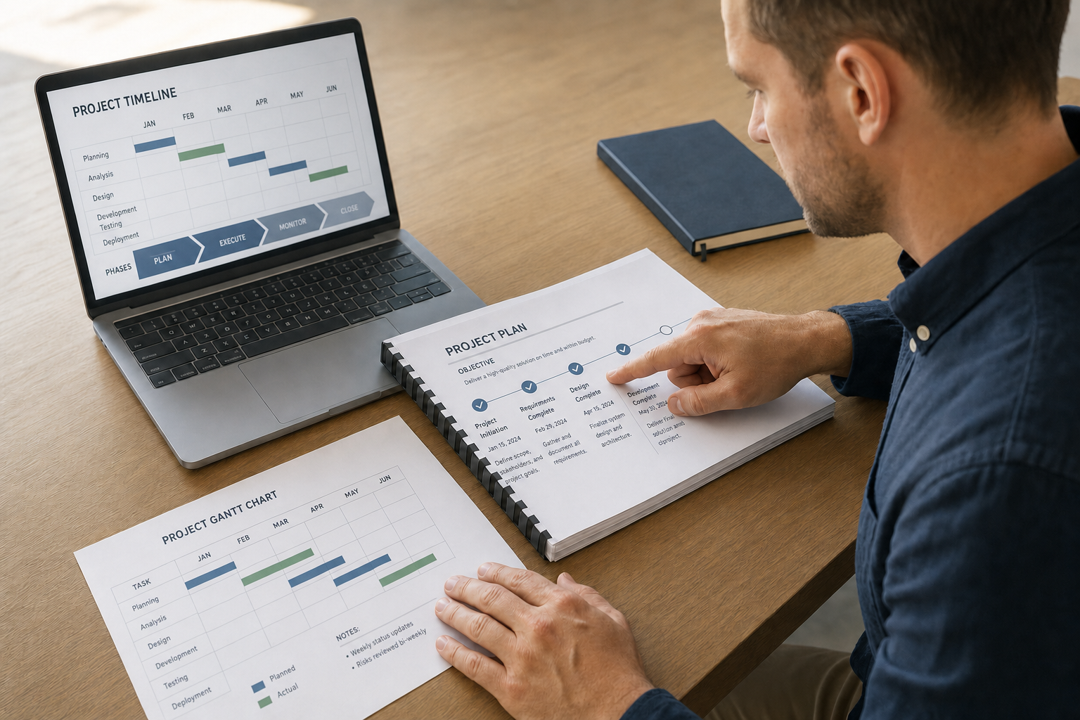 A man reviews a project timeline on a laptop and a project plan on paper at a desk.