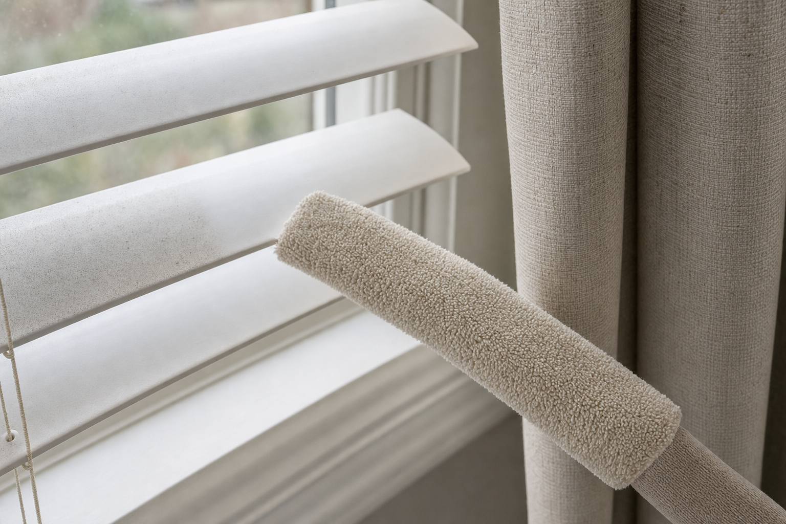 A duster cleaning the white slats of window blinds next to beige curtains.