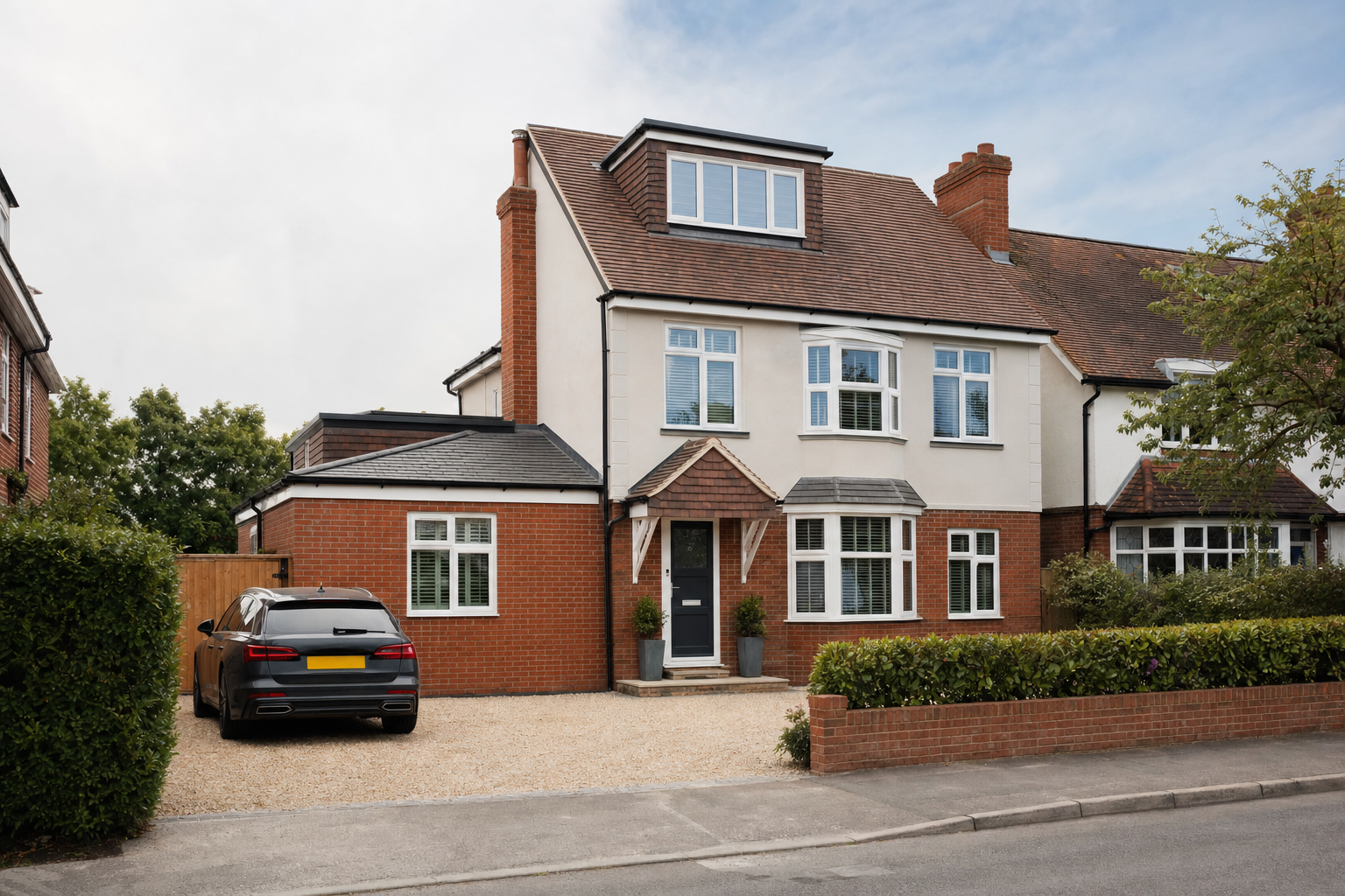 A modern detached house with a red brick and cream exterior, featuring a black car parked in the driveway.