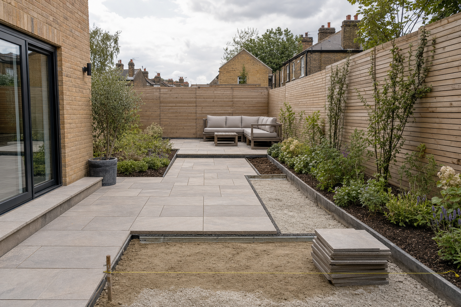 Modern garden patio with beige tiles, an L-shaped sofa, and wooden fencing, surrounded by landscaped flower beds.