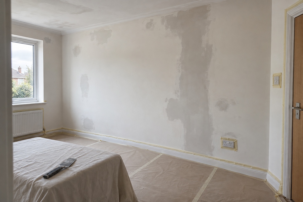 A partially plastered room with floor and bed covered in protective sheets, window and door visible.