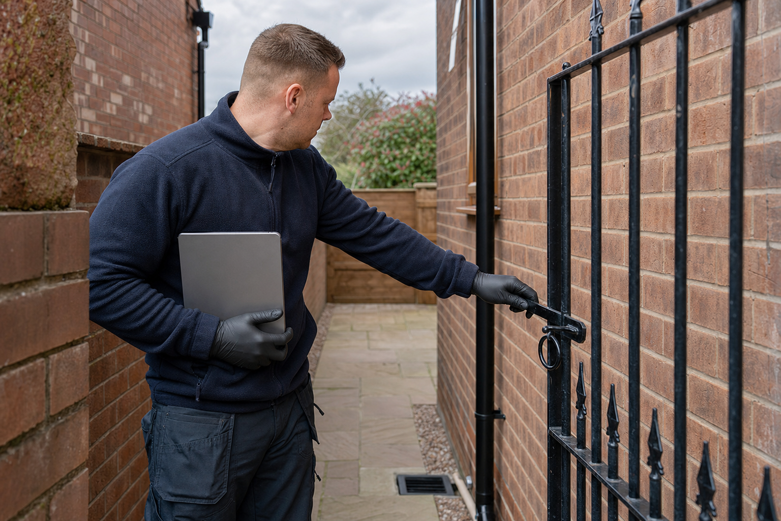 A man in a dark jacket and gloves holds a tablet while unlocking an iron gate beside a brick building.