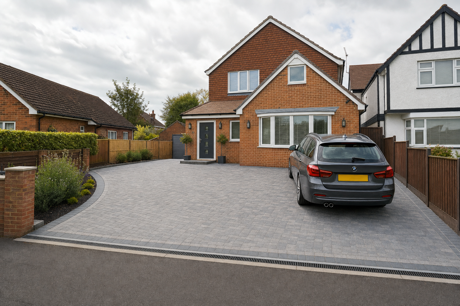 Brick house with a grey car parked on a freshly paved driveway in a suburban neighbourhood.