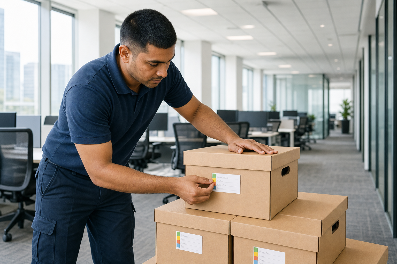 A man in a blue uniform labels cardboard boxes in a bright, modern office environment.