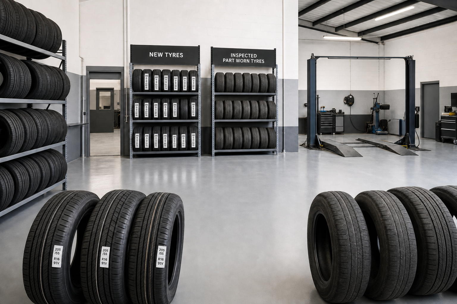 A clean tyre shop interior with racks of new and inspected tyres, and a vehicle lift in the background.