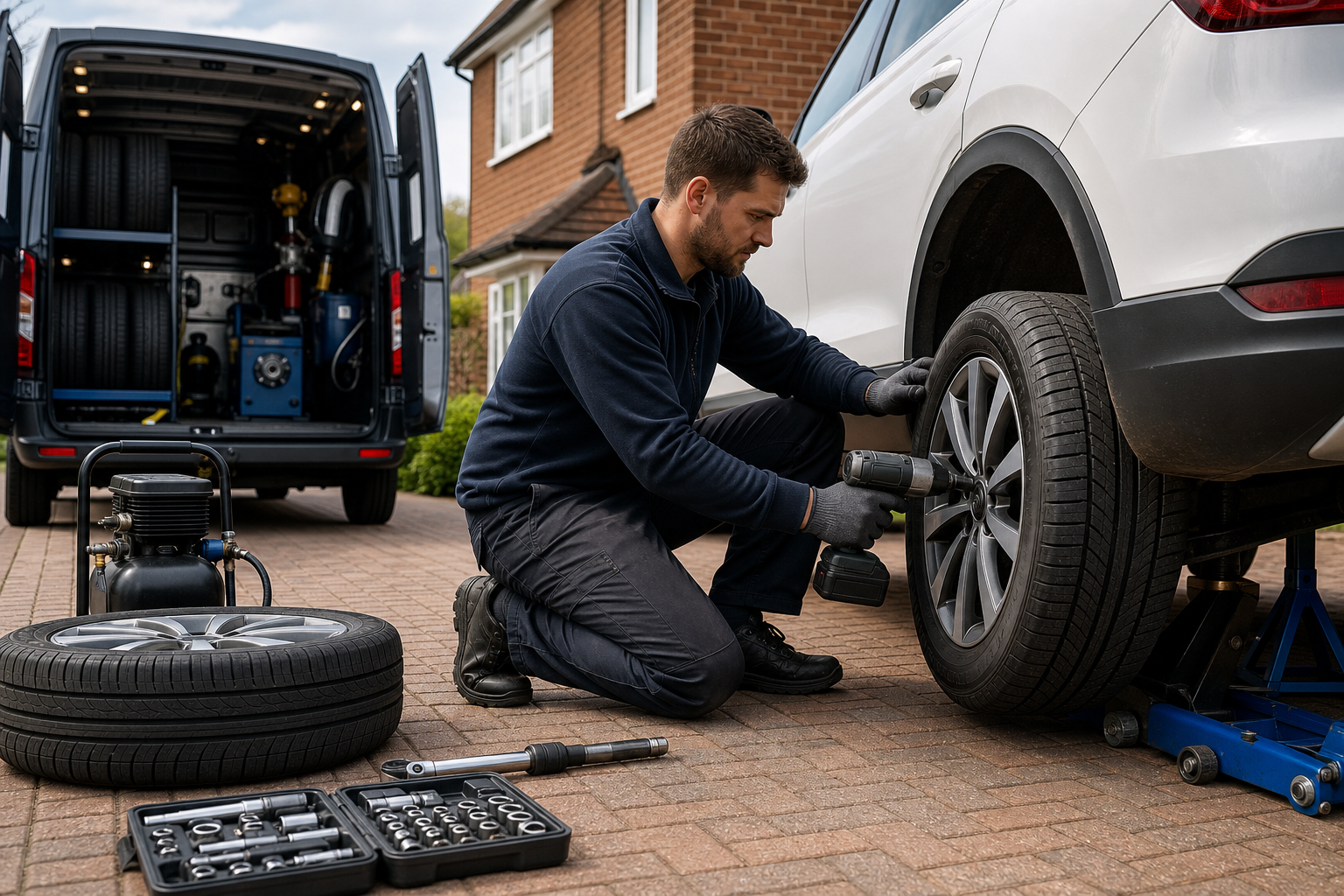 Mechanic changing a car tire with tools and a van in the background on a driveway.