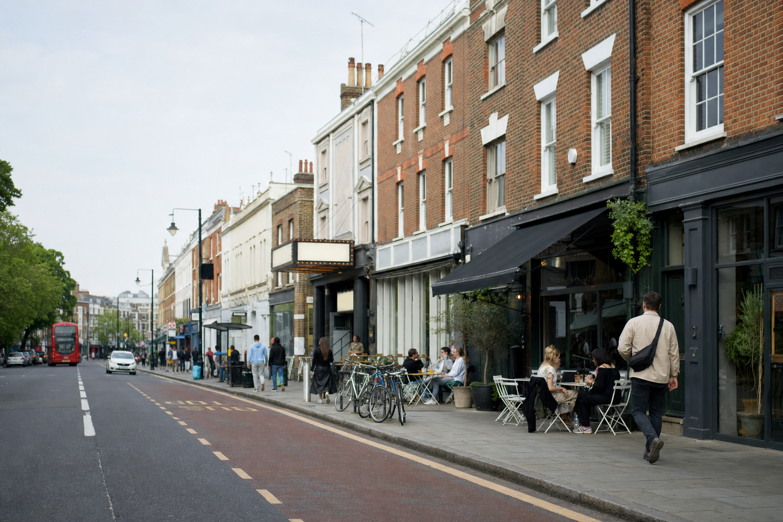 A bustling London street with people dining at outdoor tables and a red double-decker bus in the distance.