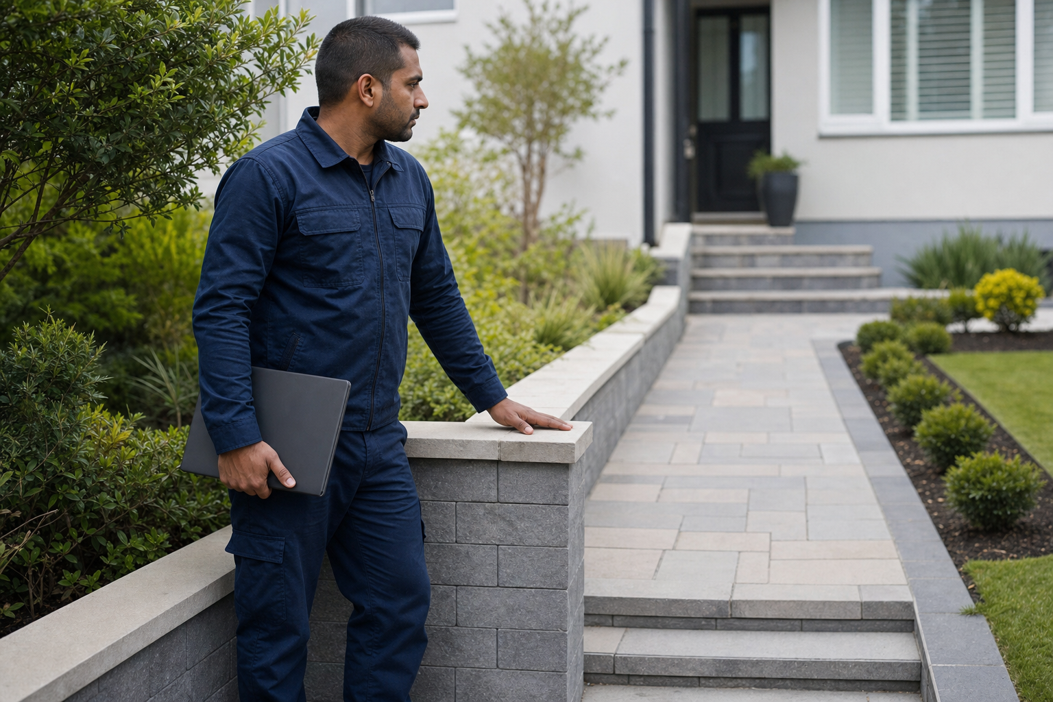 Man in a blue uniform holding a laptop, standing by a landscaped path outside a modern house.