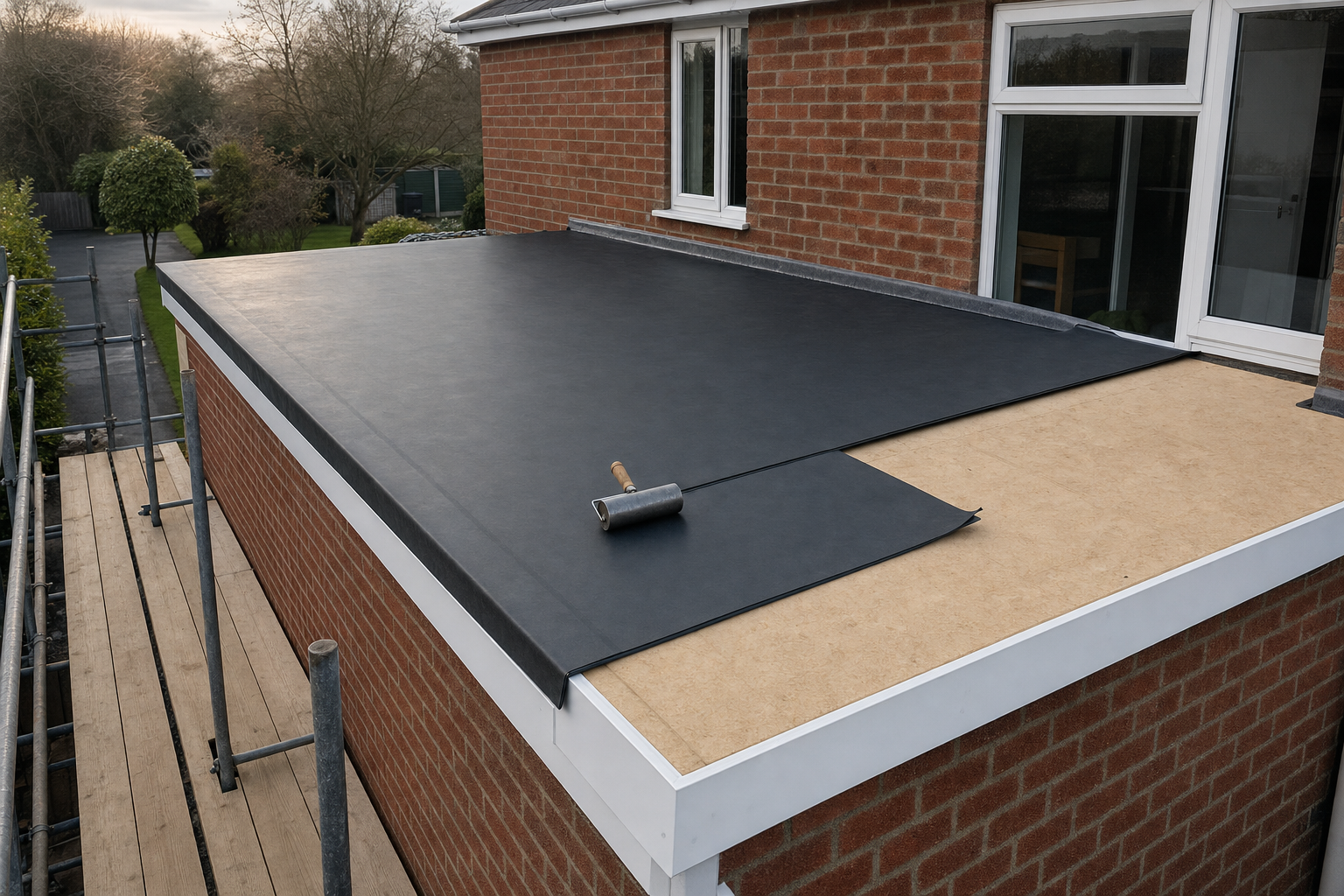 A flat roof installation in progress on a brick extension with roofing material partially laid and a roller on top.