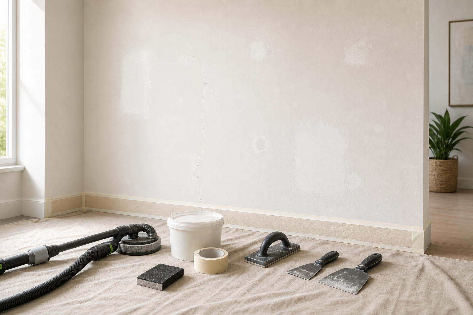 Room prepared for painting with tools, tape, and a vacuum on a covered floor.
