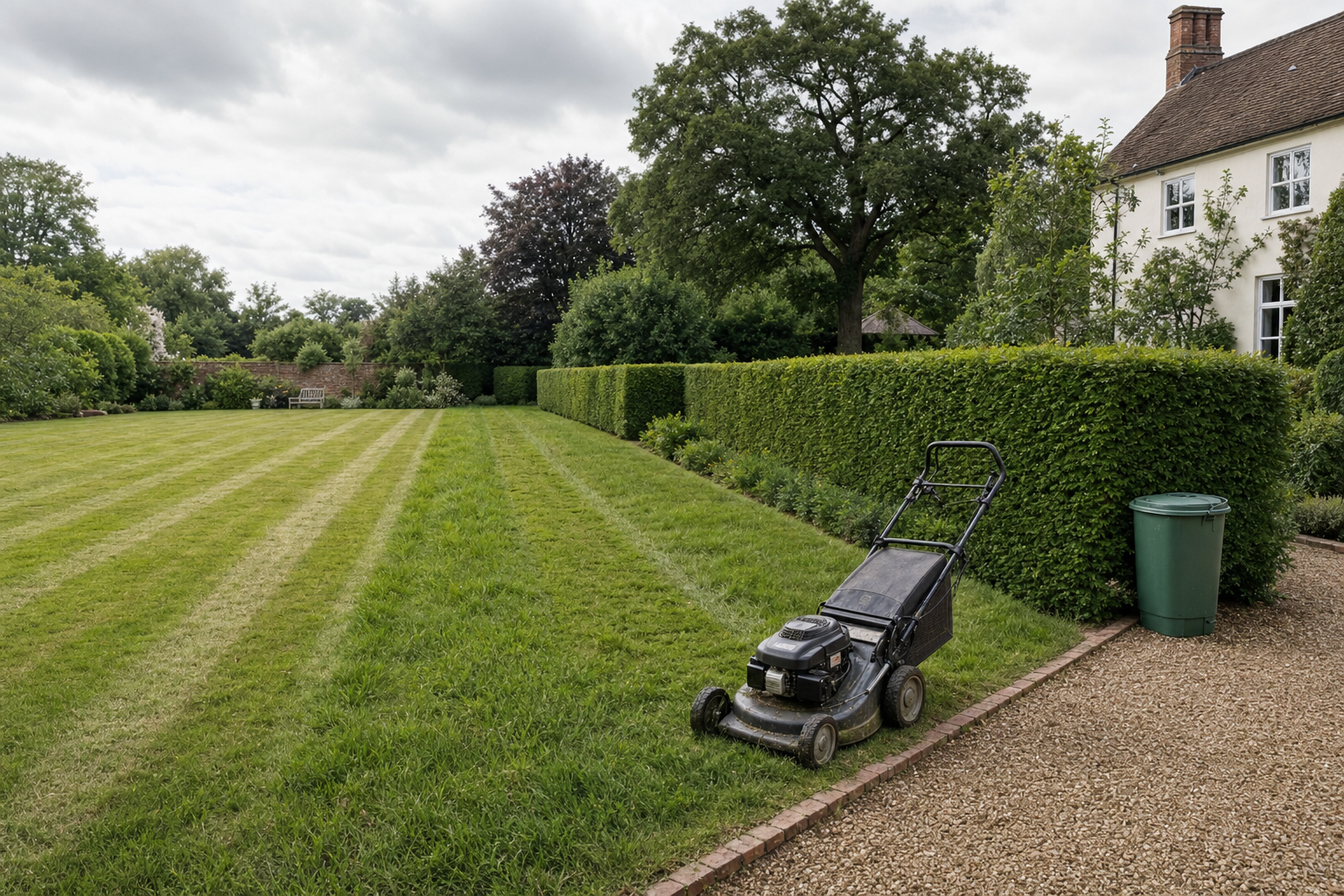 A neatly mowed lawn with clear stripes and a lawnmower resting on the grass beside a large hedge and a white house.
