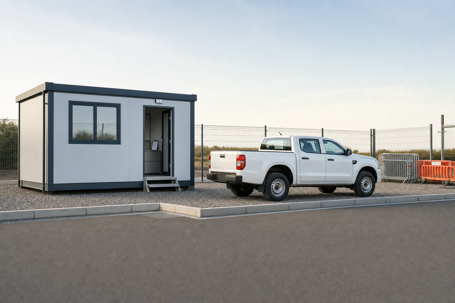 A portable cabin and white pickup truck are parked on a gravel surface at a construction site.