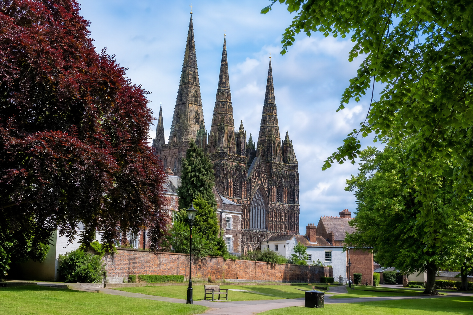 A cathedral with three spires surrounded by trees and a brick wall on a sunny day.