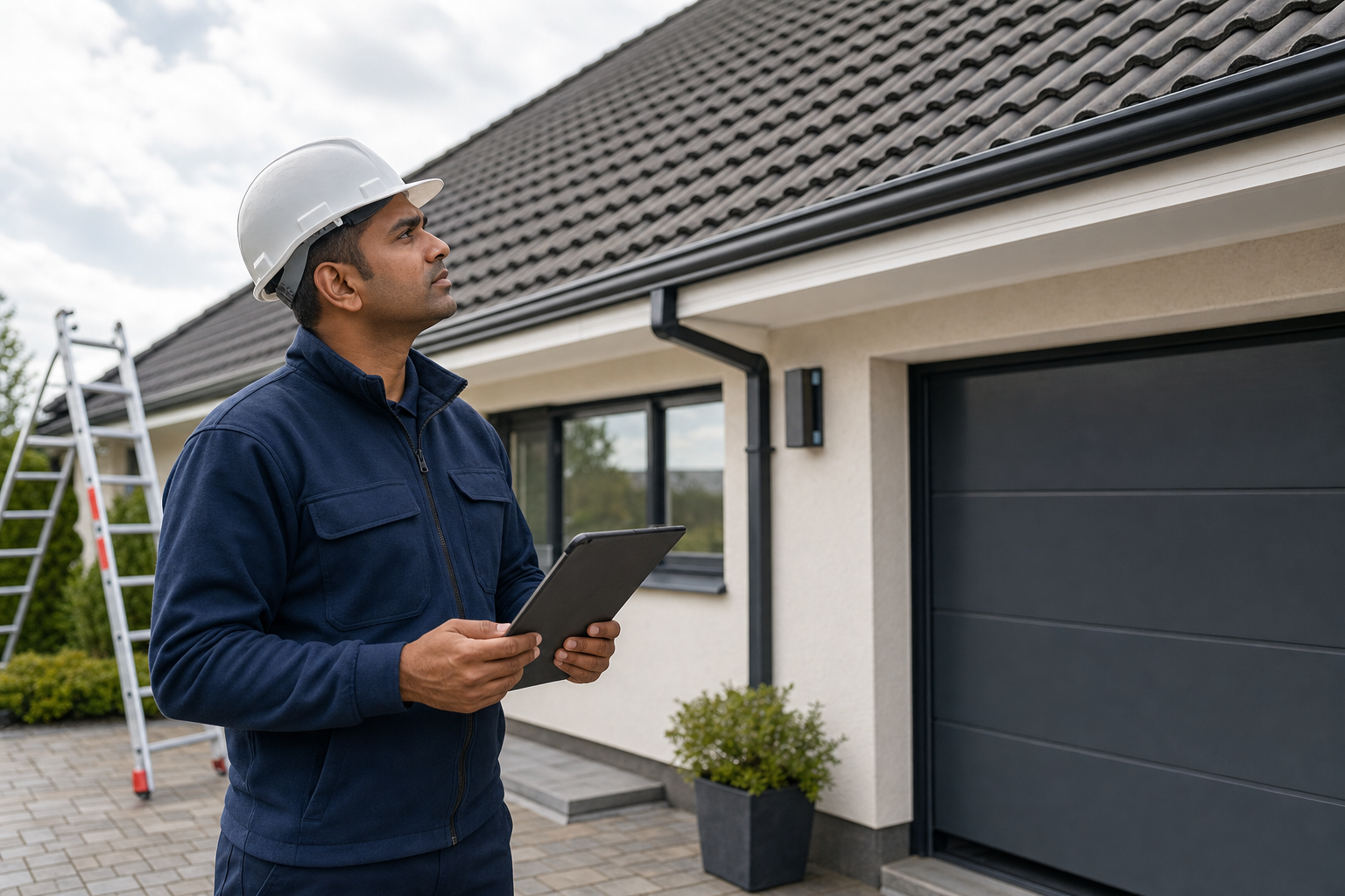 Engineer in a hard hat inspects a house roof, holding a tablet, with a ladder visible in the background.