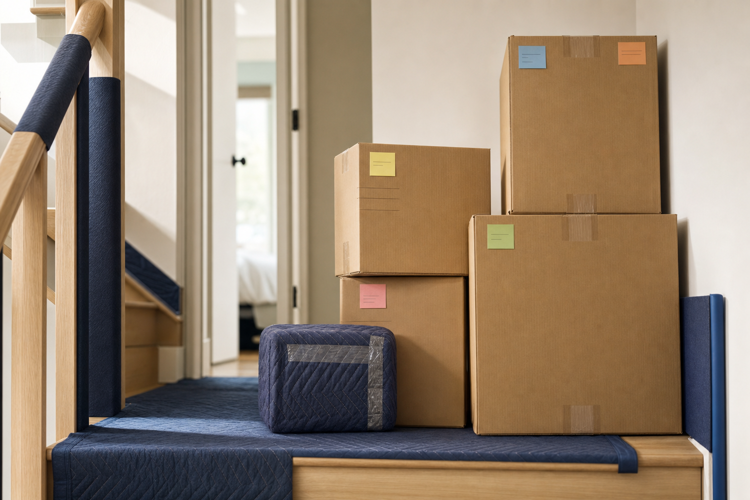 Stacked cardboard boxes with colourful labels on a carpeted staircase indoors.