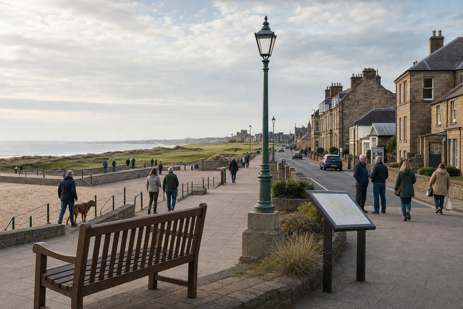 People walking along a coastal promenade with views of the sea and historic buildings.