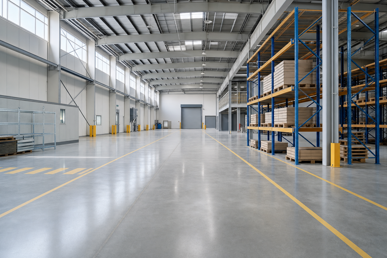Spacious modern warehouse interior with metal shelving and wooden pallets, illuminated by natural light through large windows.