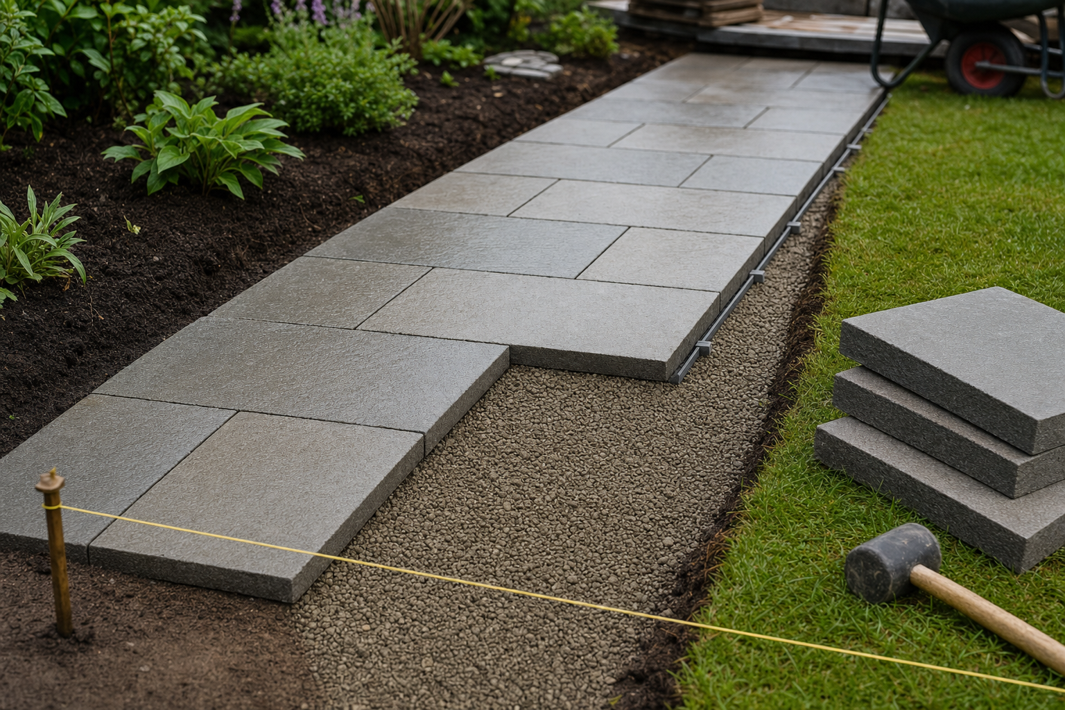 Garden pathway under construction with grey paving slabs placed over a gravel base, surrounded by plants and grass.