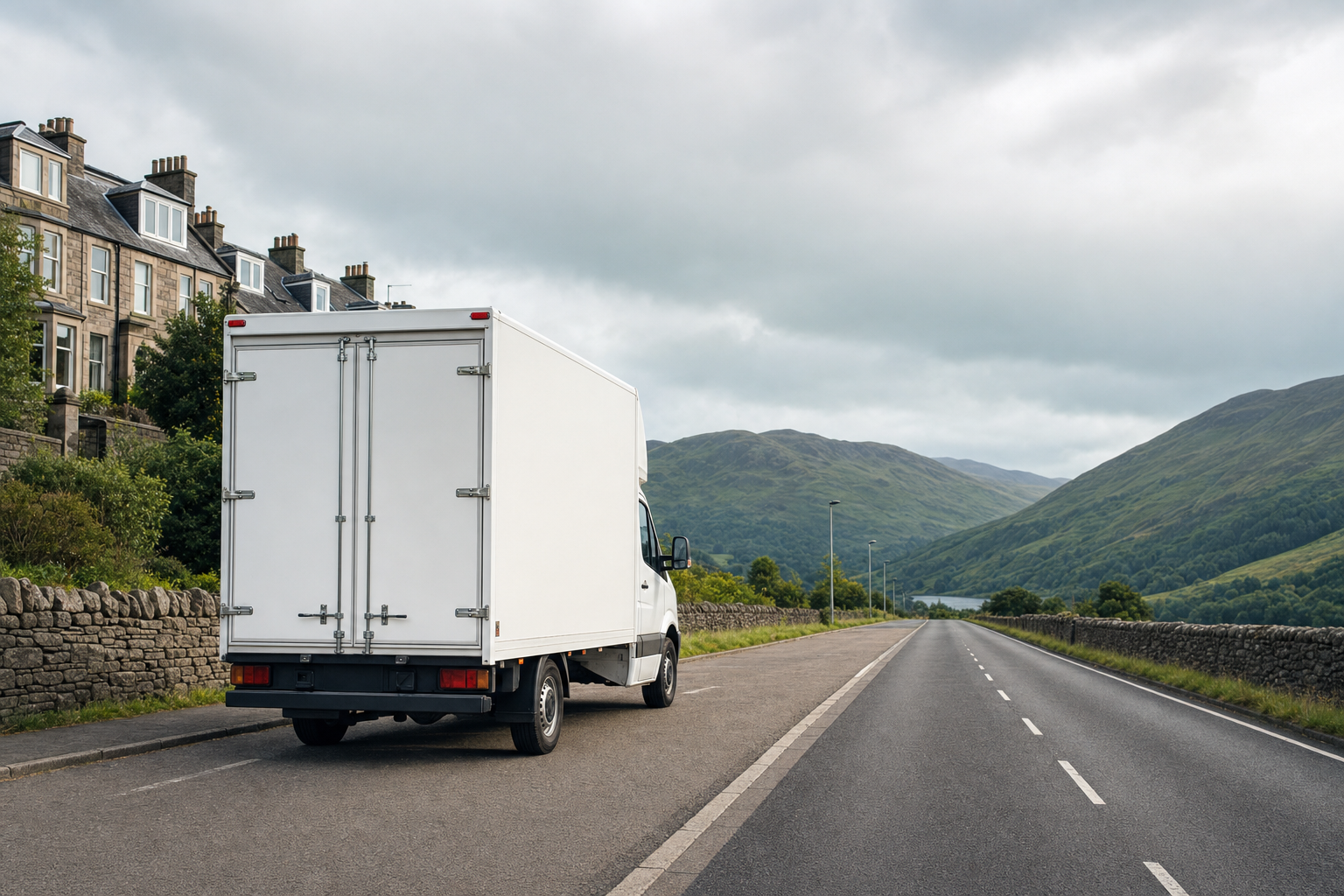 A white delivery van parked on a rural road beside stone houses and lush green hills.