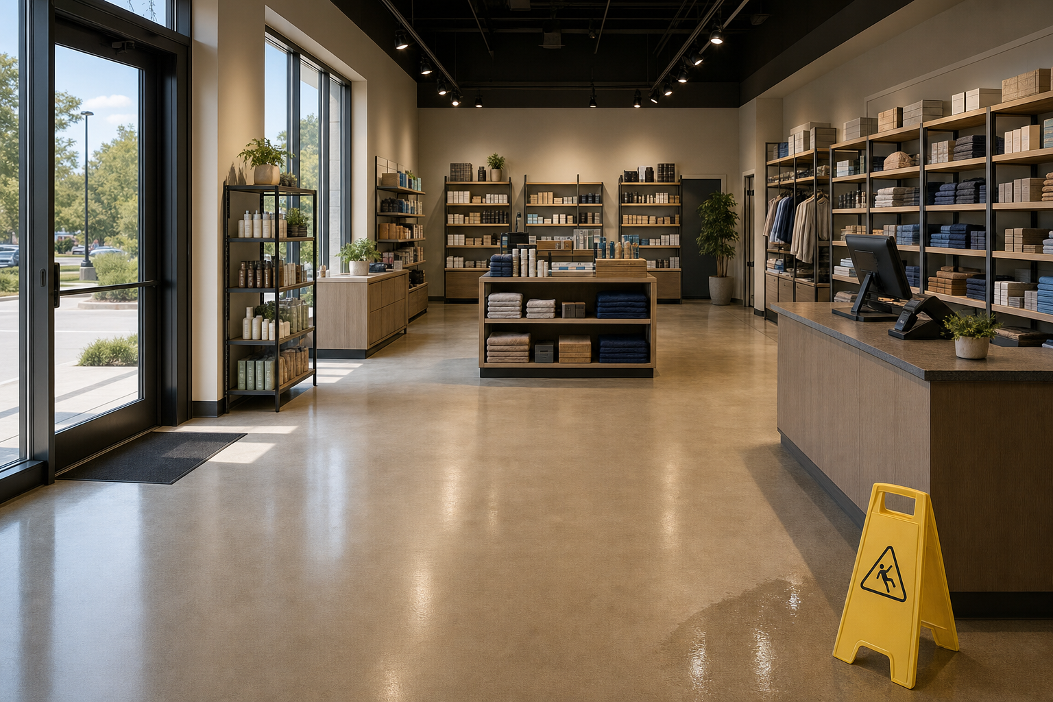 A modern shop interior showcases neatly arranged shelves of towels, clothing, and bath products, with a wet floor sign visible.