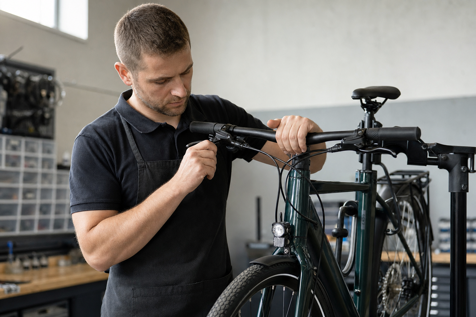 A mechanic focuses on adjusting a bicycle's handlebars in a workshop.