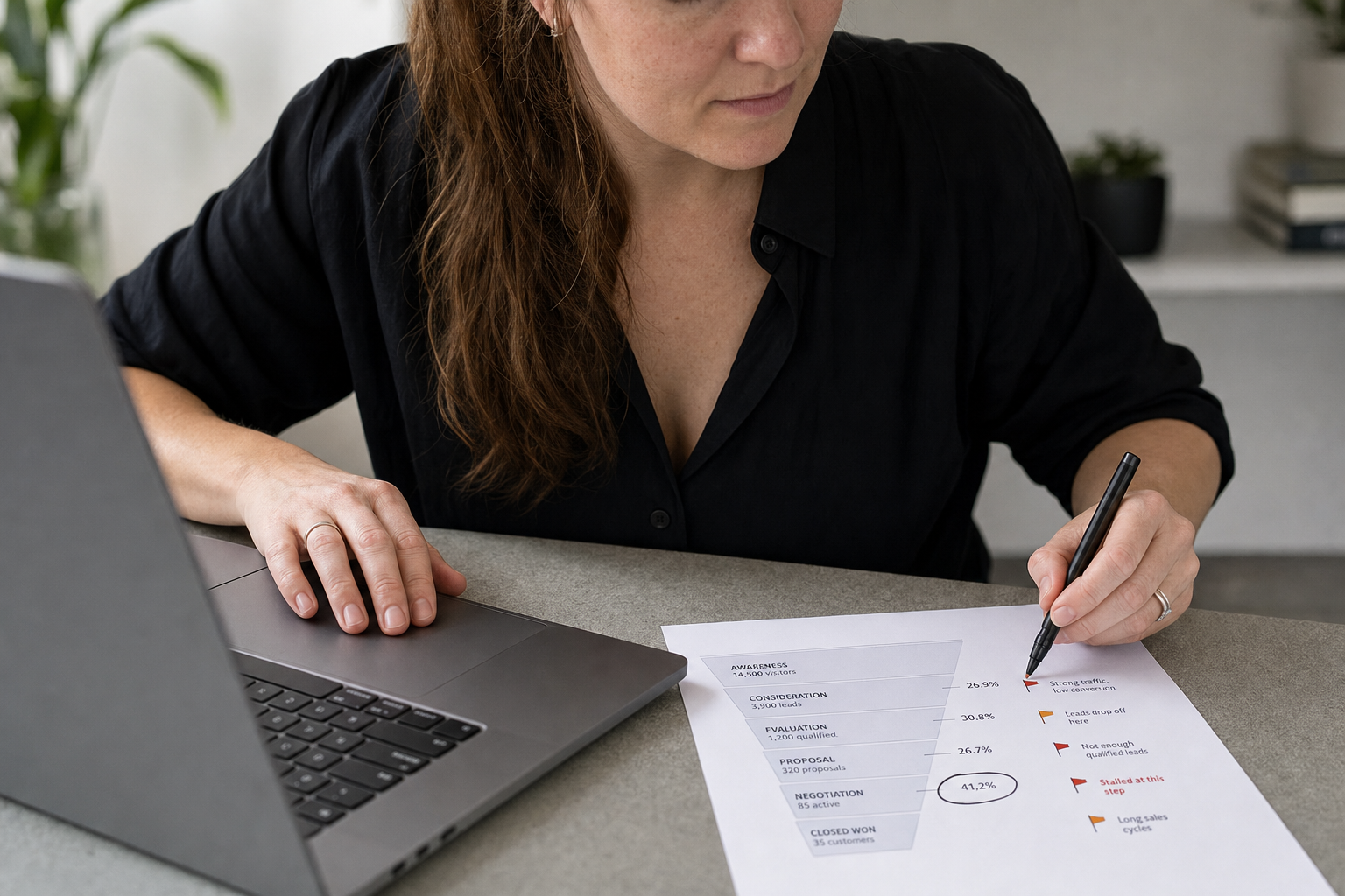 A woman reviews a sales funnel analysis document while using a laptop in an office setting.