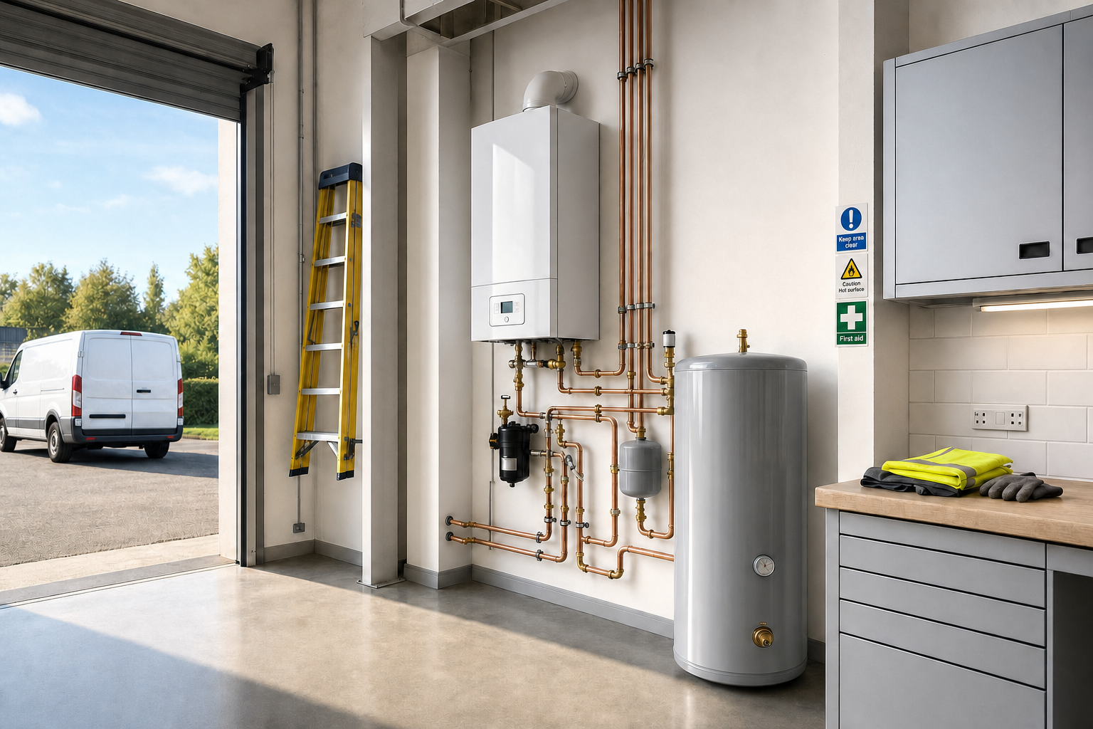 A boiler room with a boiler unit, water heater, and safety signs, next to an open garage door and a parked white van outside.