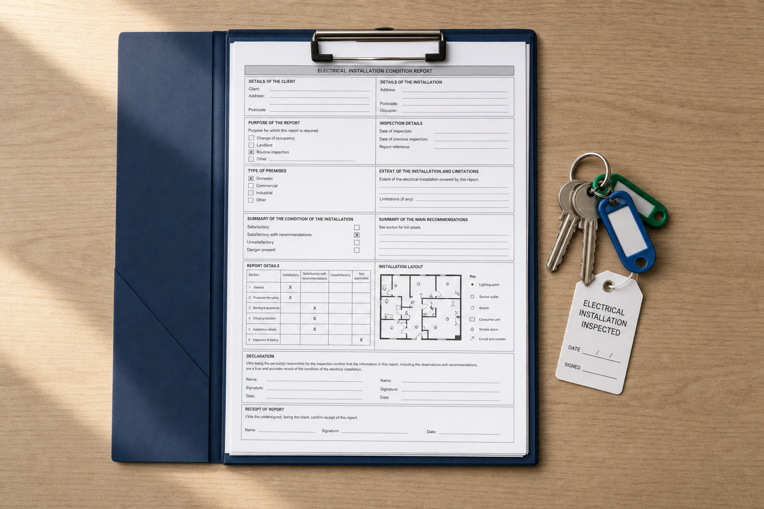 Electrical installation condition report on blue clipboard, next to a set of keys with inspection tag.