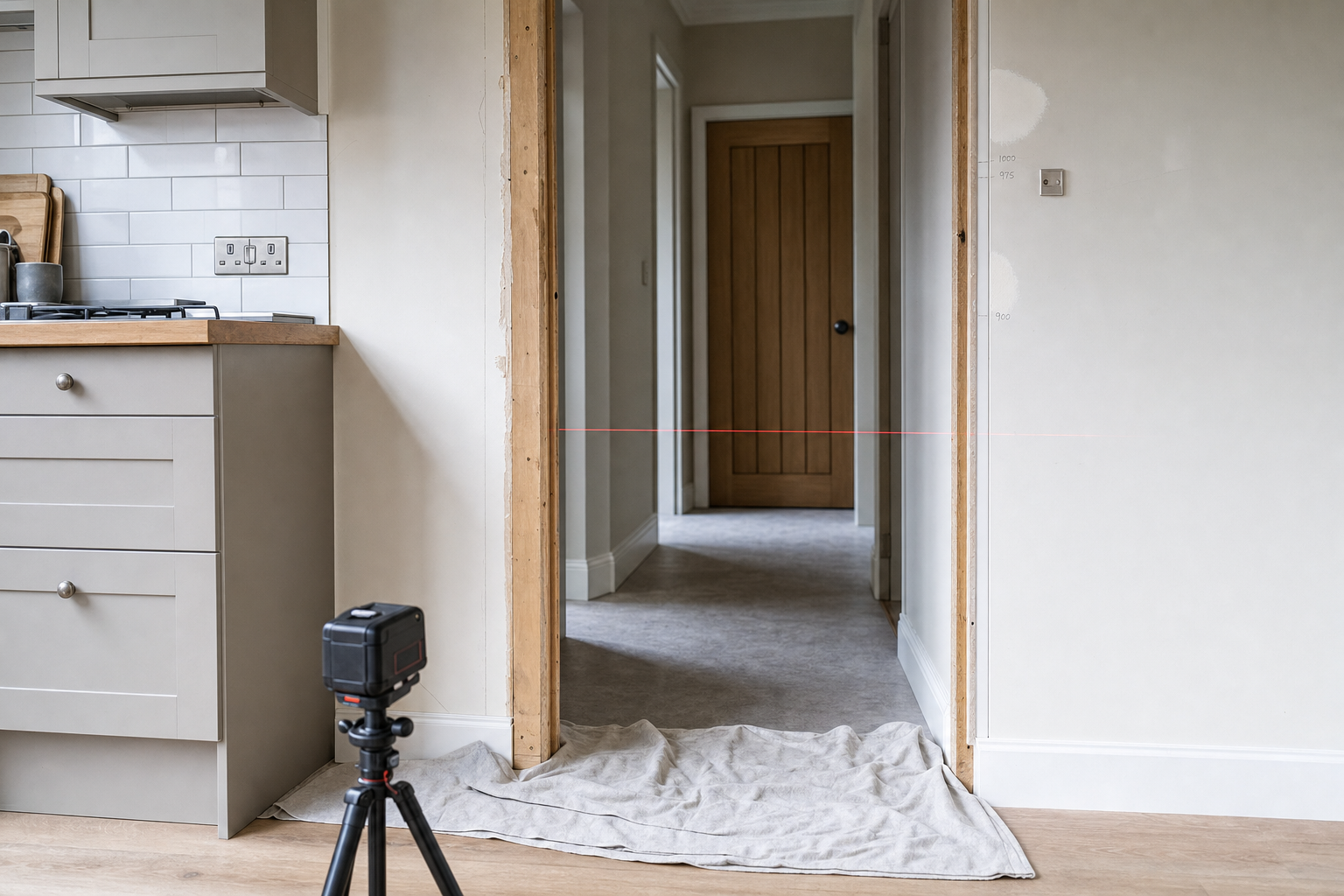 Laser level on a tripod aligns across a kitchen and hallway for door installation.