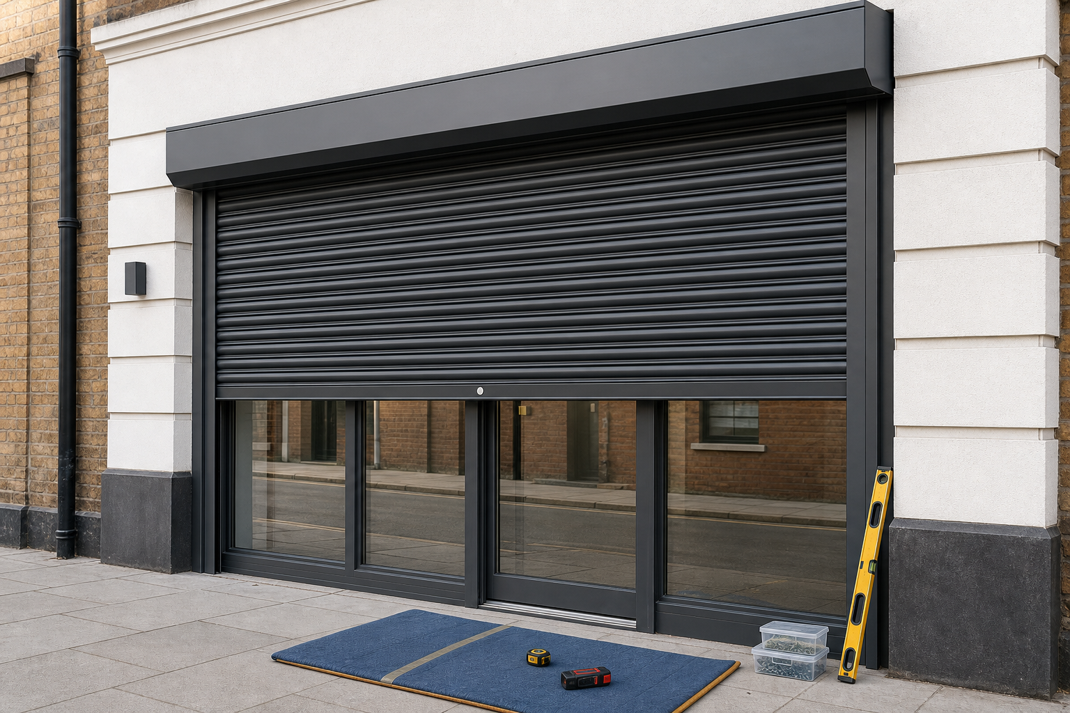 Man measuring a storefront shutter with a toolbox and tools on the ground.