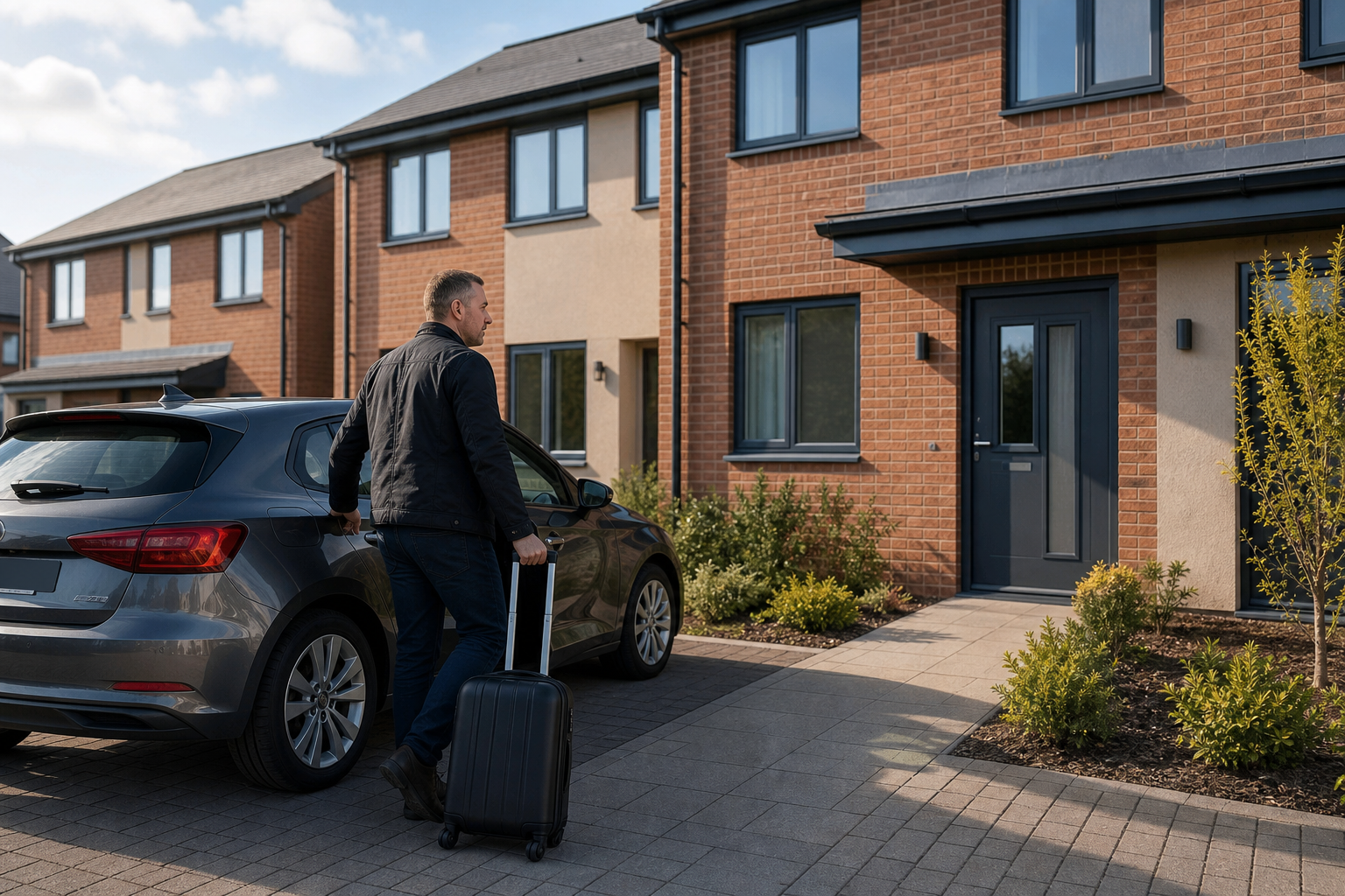 A man wheels a suitcase towards the front door of a modern brick house, parked car beside him.