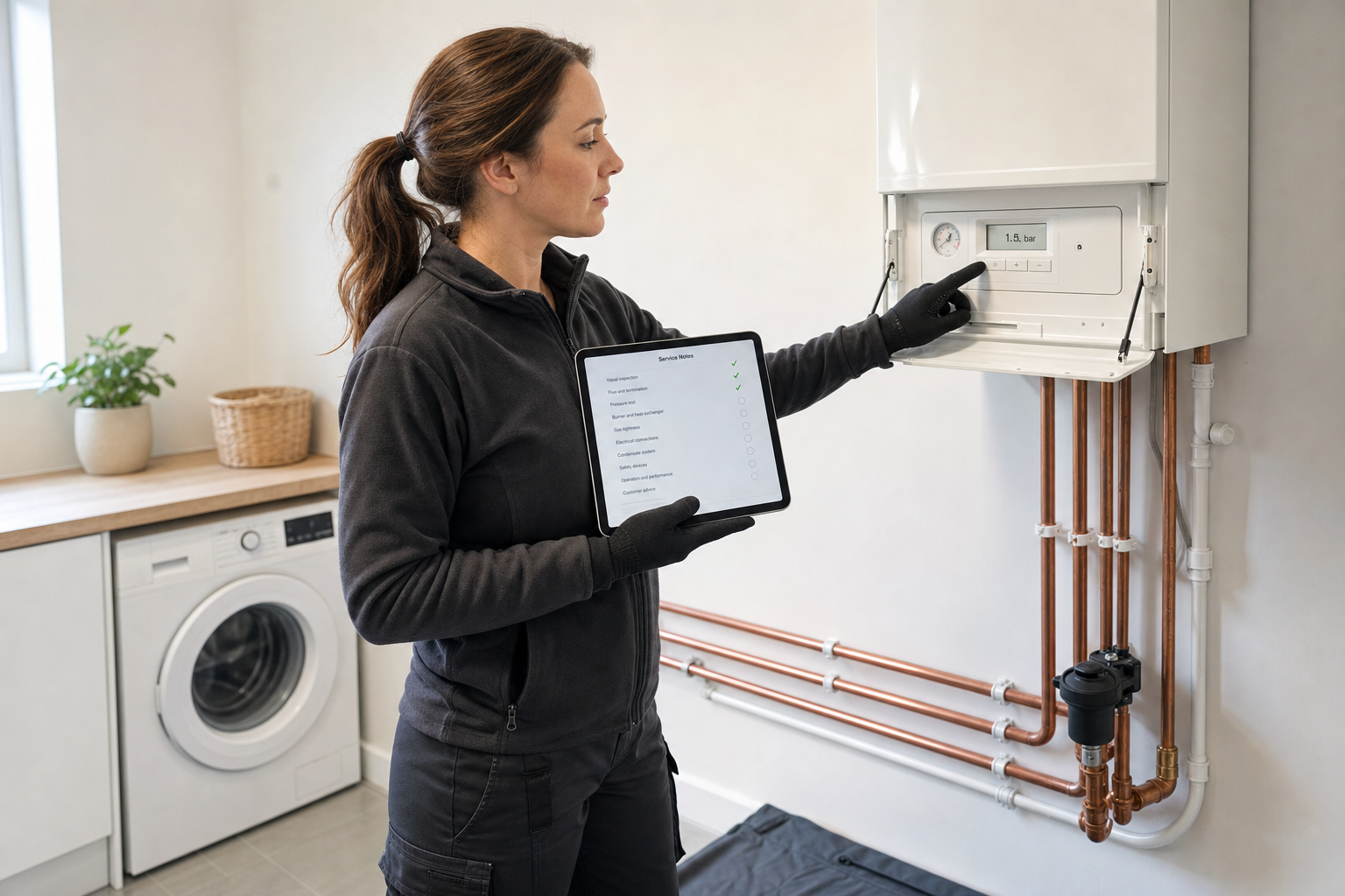 A technician examines a boiler reading while holding a tablet with inspection notes in a utility room.