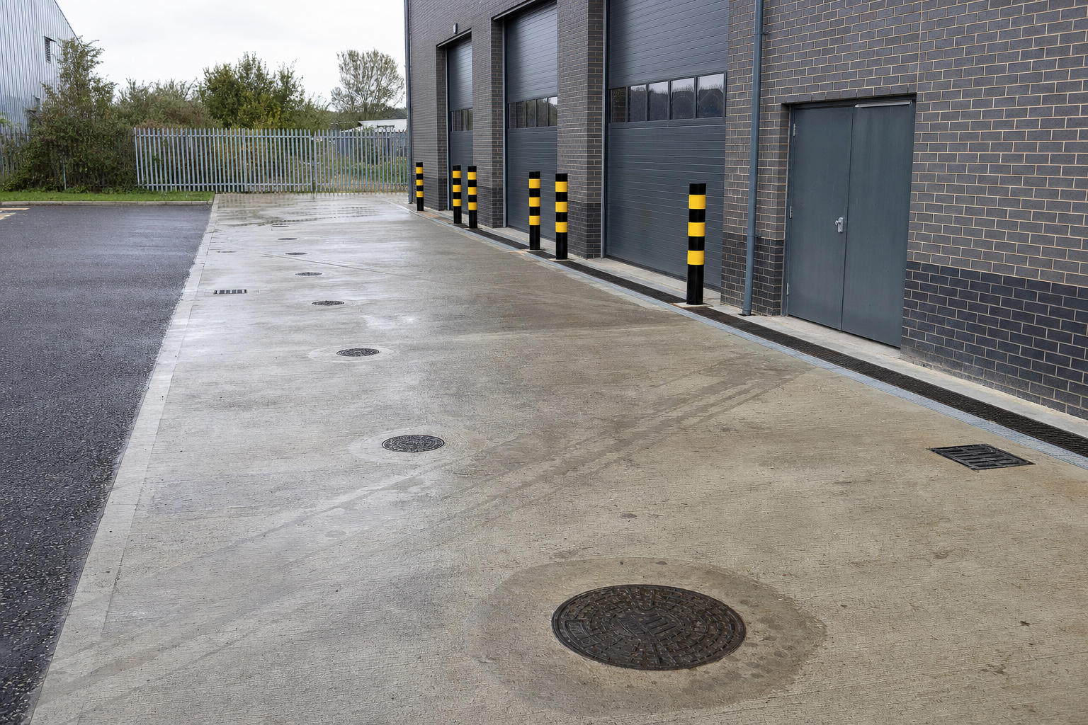 Warehouse with sealed roller doors, bollards, and a wet concrete driveway leading to a metal fence.