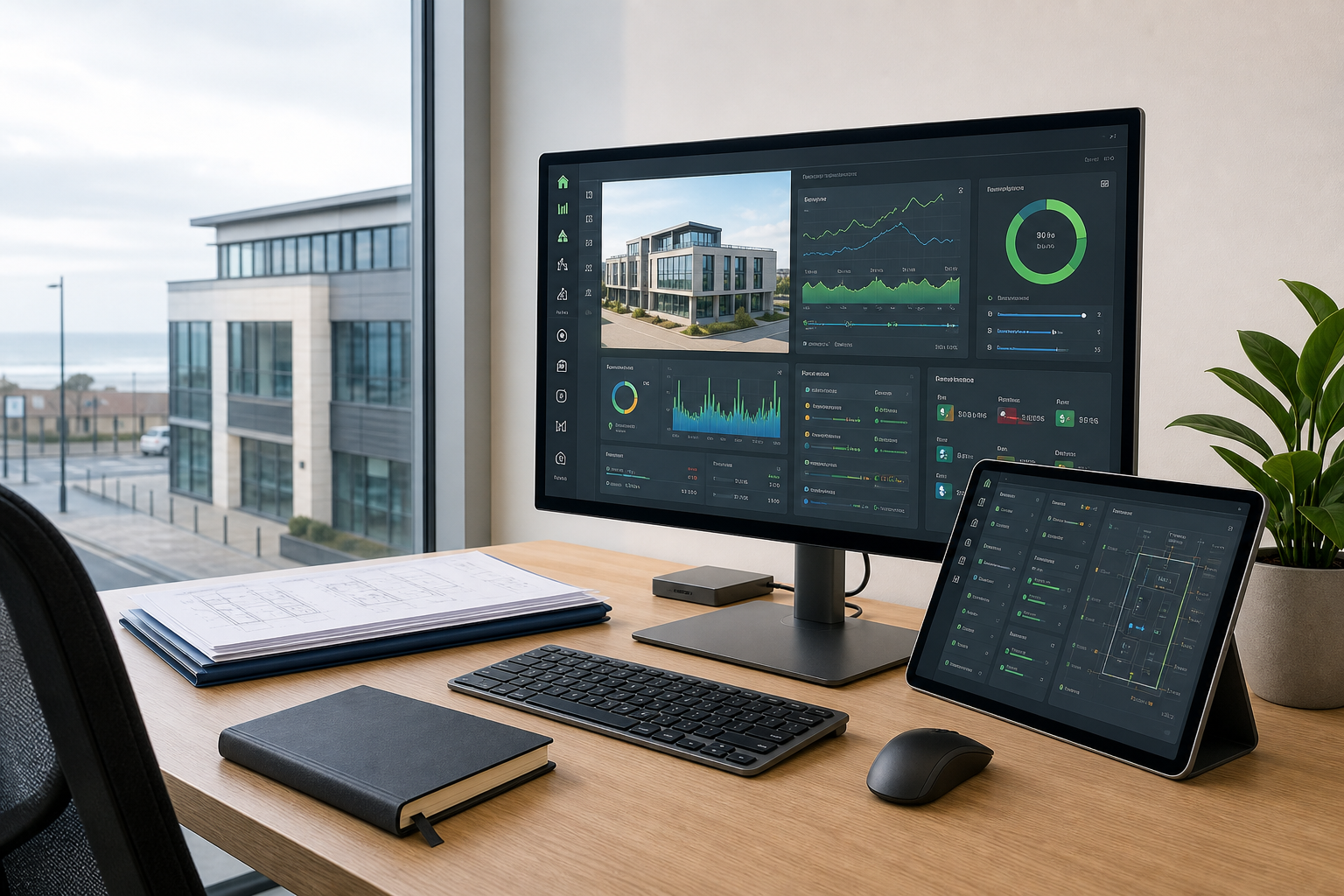 Modern workspace with a computer monitor displaying data charts, a tablet, and plant by a large window.