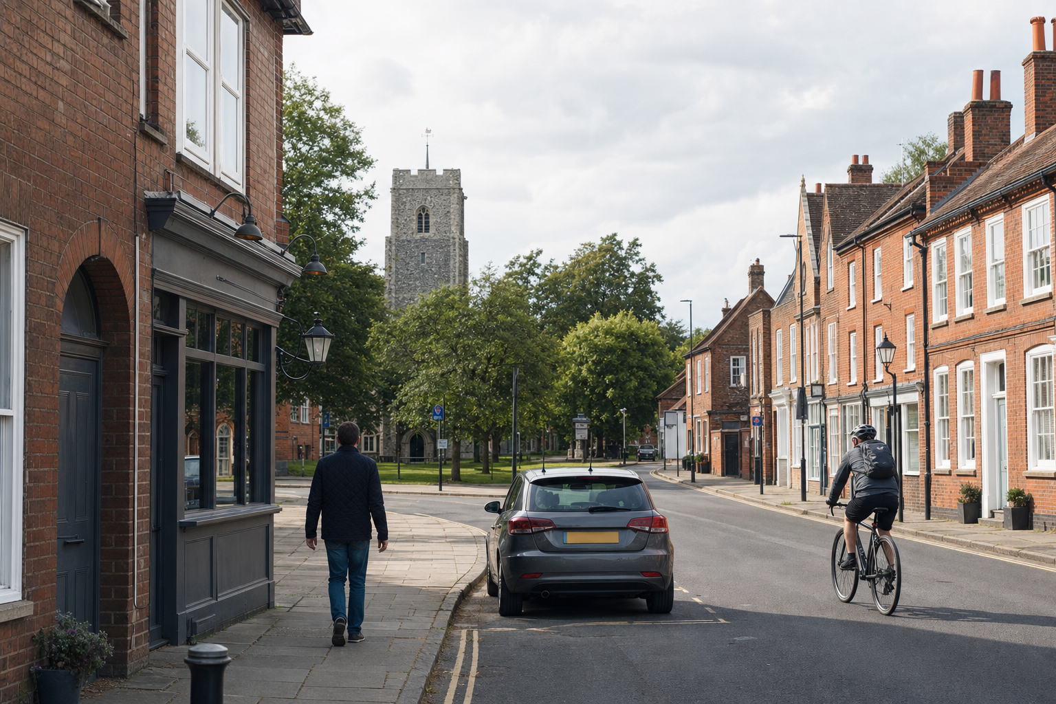 A cyclist and pedestrian navigate a quiet street lined with red brick buildings leading to a church tower.