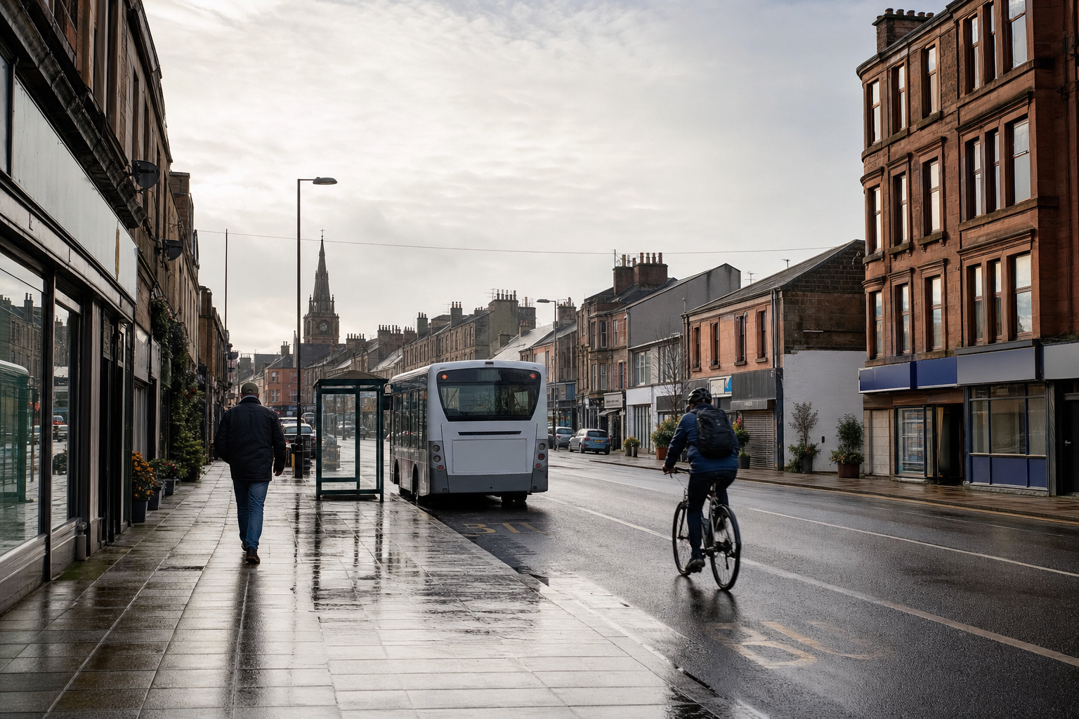 A cyclist and a pedestrian navigate a wet street beside a parked bus under an overcast sky with a church spire in the background.