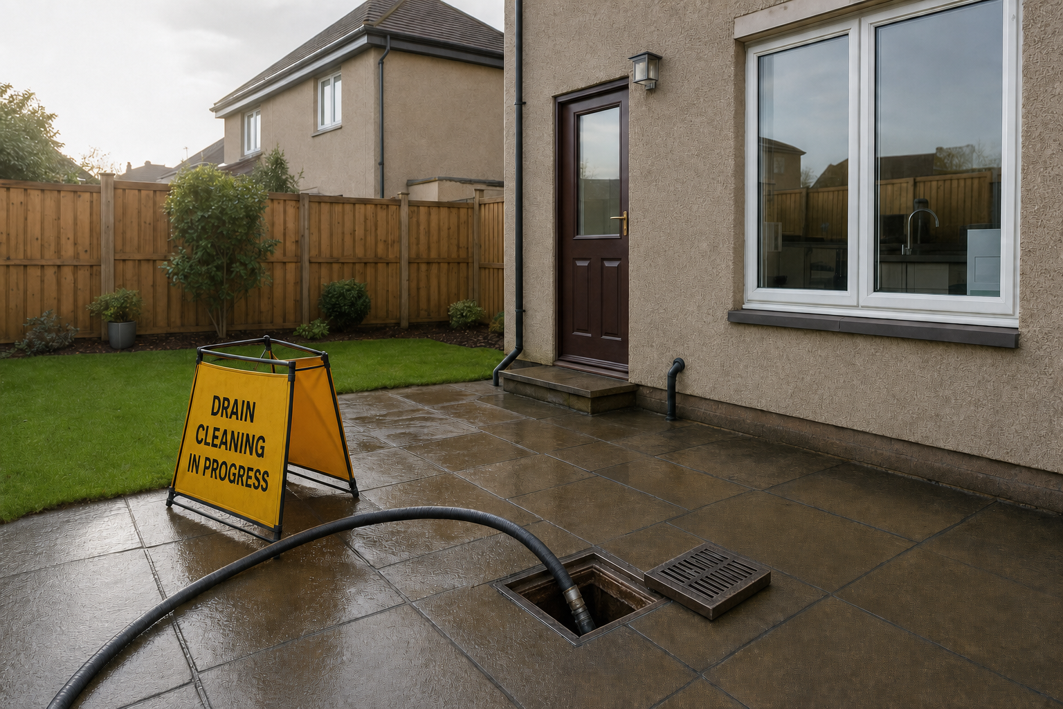 A drain cleaning sign and hose are set up on a wet patio outside a residential home.