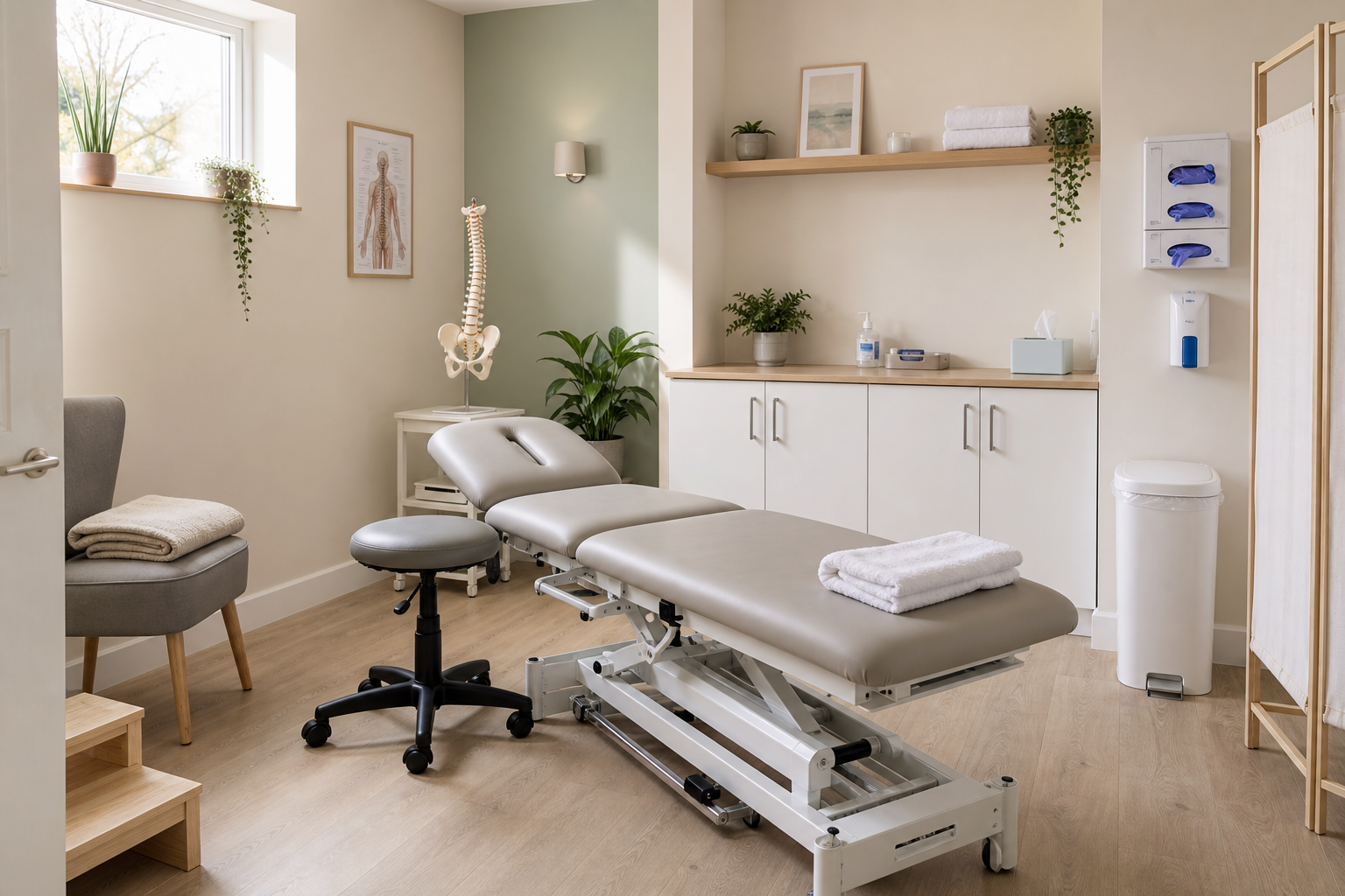 A clean, organised physiotherapy room with an adjustable treatment table, anatomy chart, and medical supplies.