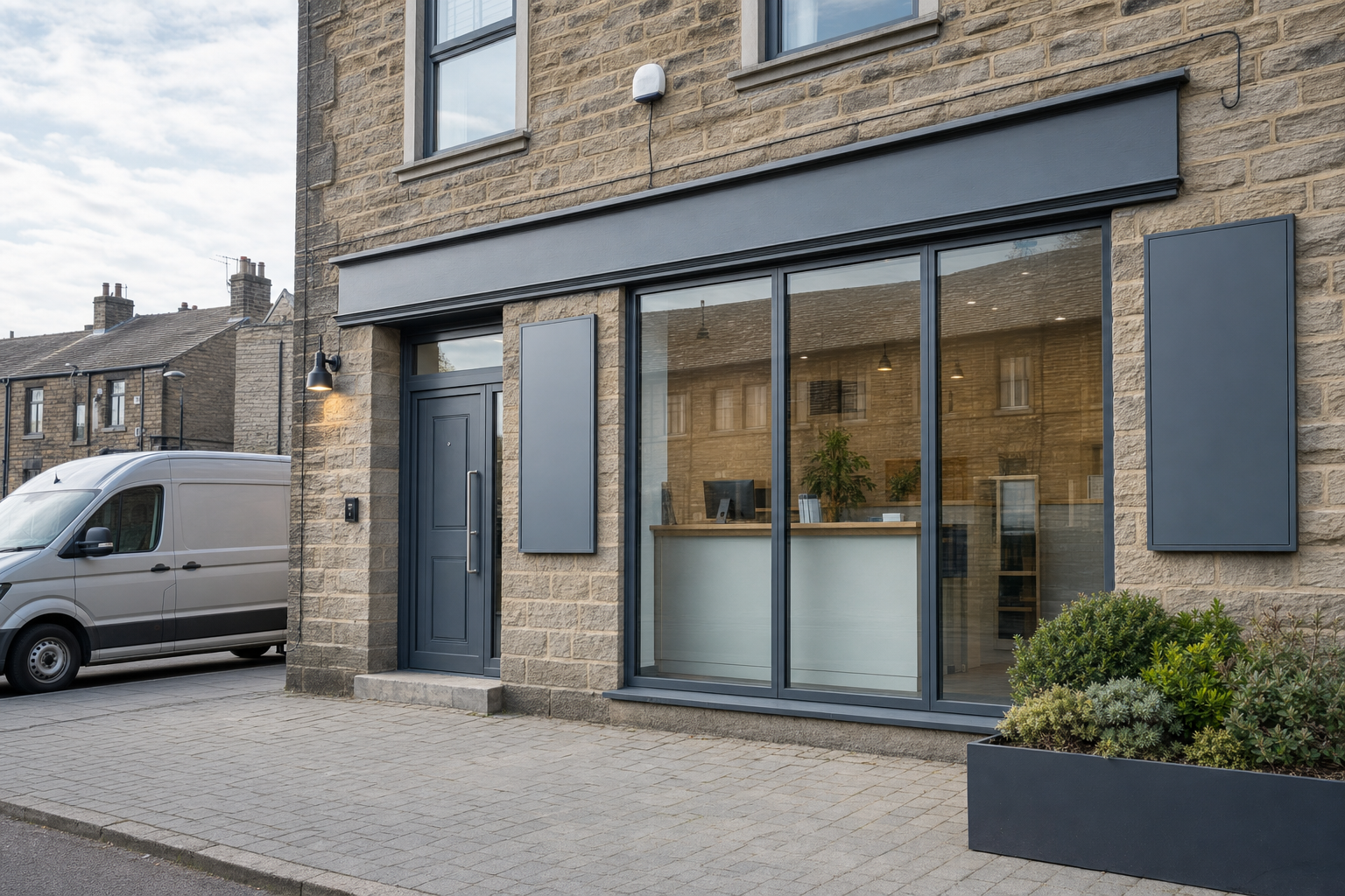 Modern stone building with large windows and a grey door next to a parked white van on a paved street.